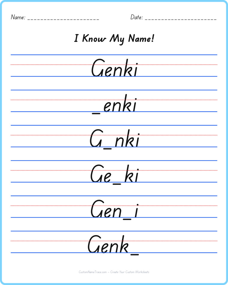 Free Genki custom name tracing - fill-in-the-blank free worksheet