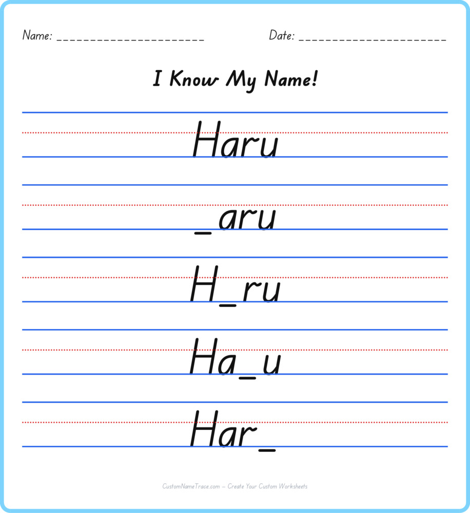 Free Haru custom name tracing - fill-in-the-blank free worksheet