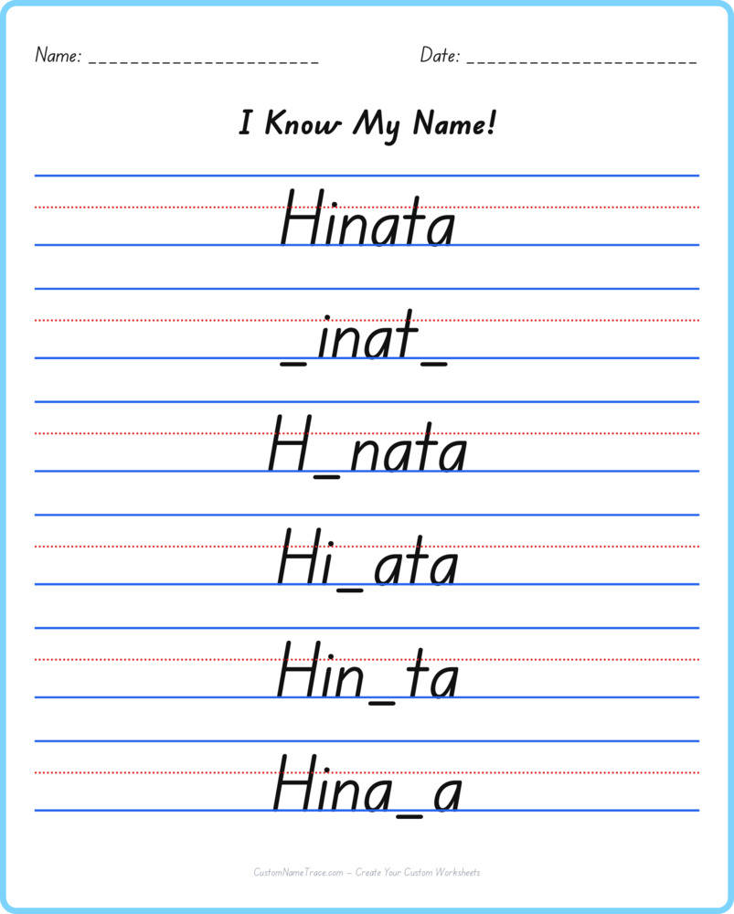 Free Hinata custom name tracing - fill-in-the-blank free worksheet