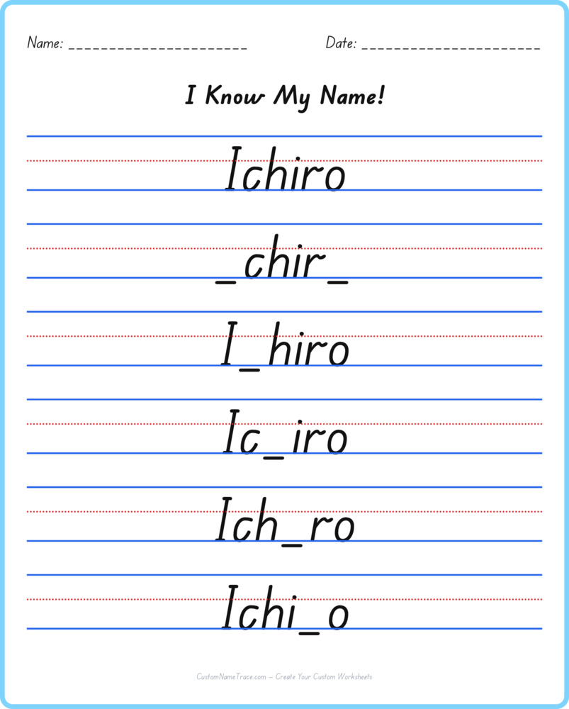 Free Ichiro custom name tracing - fill-in-the-blank free worksheet