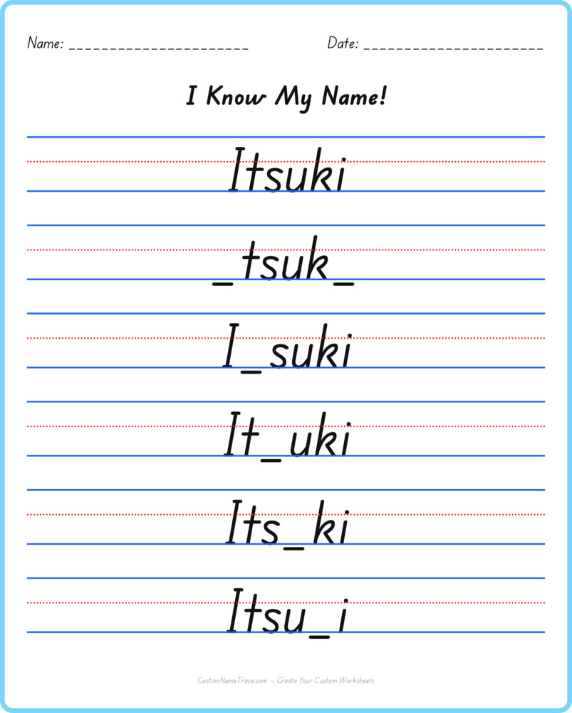 Free Itsuki custom name tracing - fill-in-the-blank free worksheet
