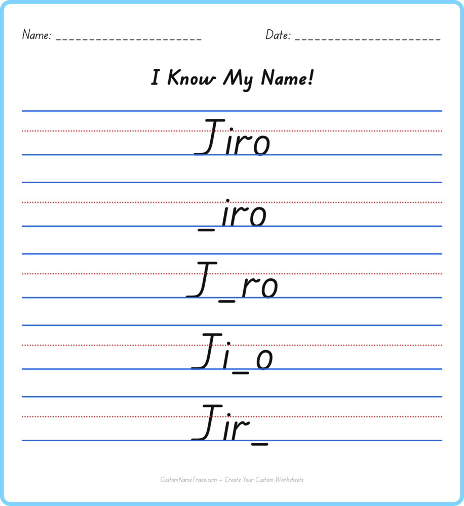 Free Jiro custom name tracing - fill-in-the-blank free worksheet