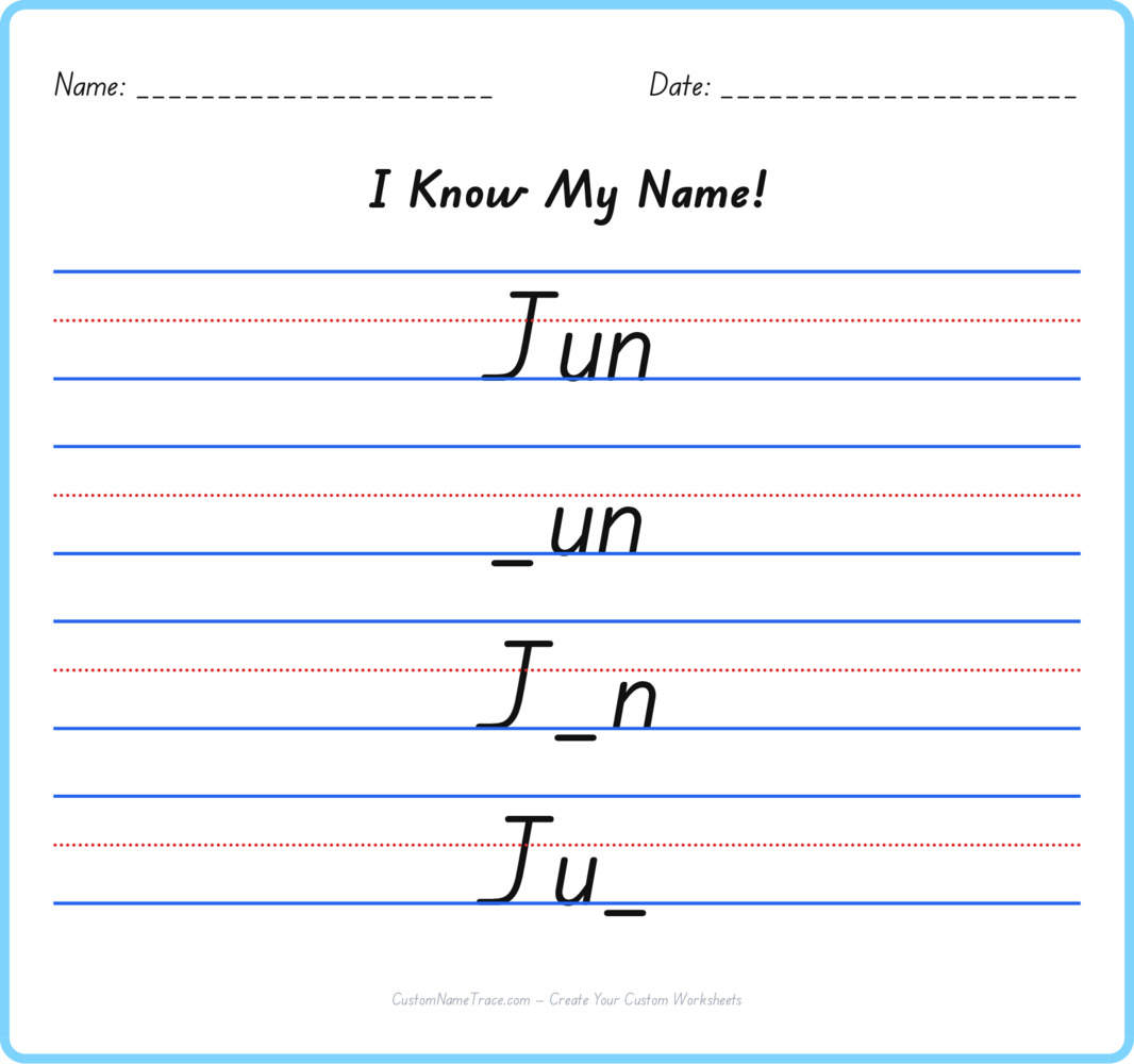 Free Jun custom name tracing - fill-in-the-blank free worksheet