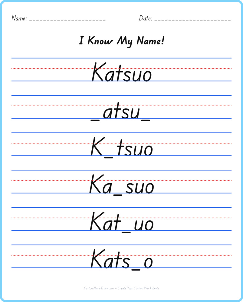 Free Katsuo custom name tracing - fill-in-the-blank free worksheet