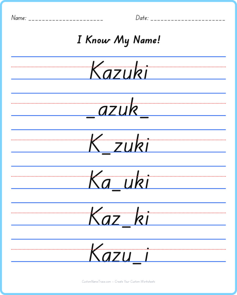 Free Kazuki custom name tracing - fill-in-the-blank free worksheet