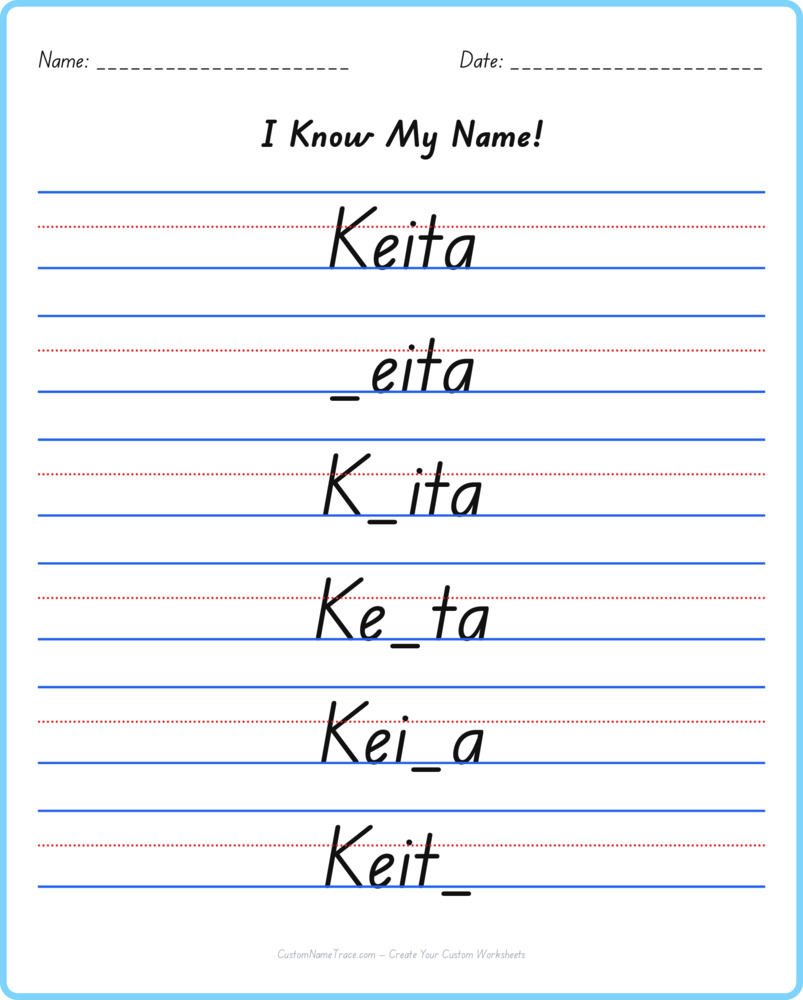 Free Keita custom name tracing - fill-in-the-blank free worksheet