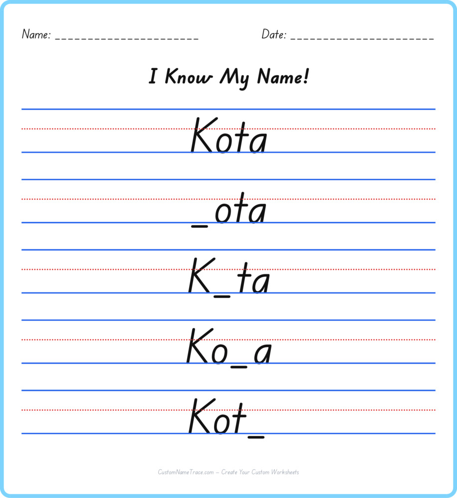 Free Kota custom name tracing - fill-in-the-blank free worksheet