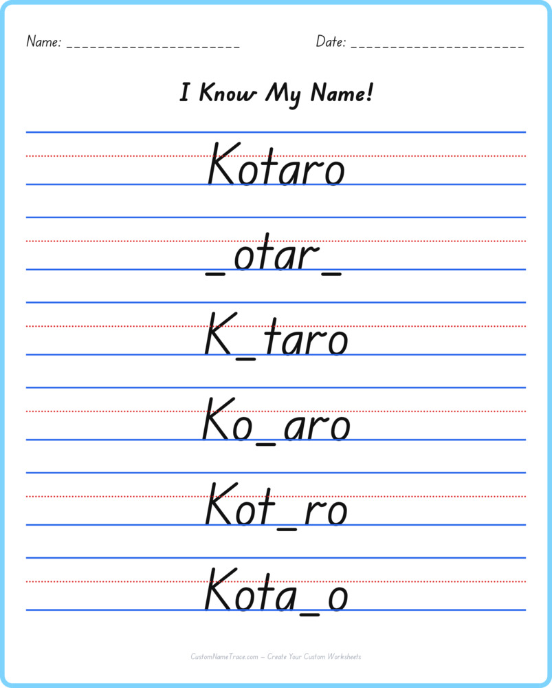 Free Kotaro custom name tracing - fill-in-the-blank free worksheet