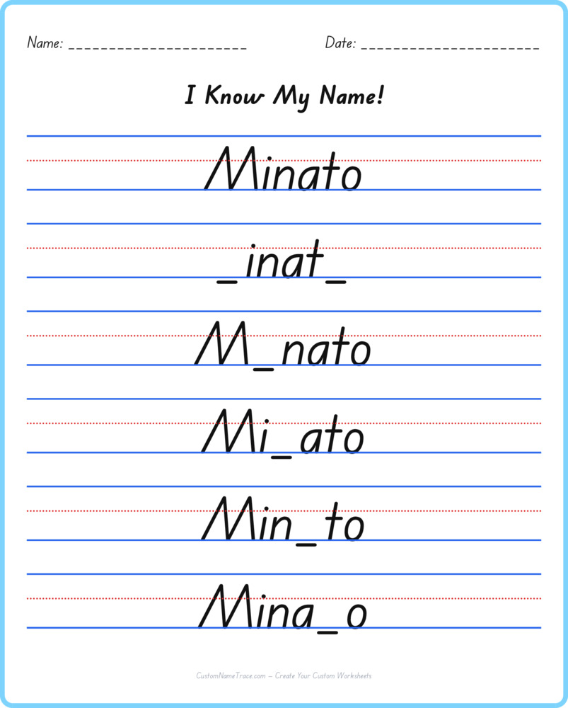 Free Minato custom name tracing - fill-in-the-blank free worksheet