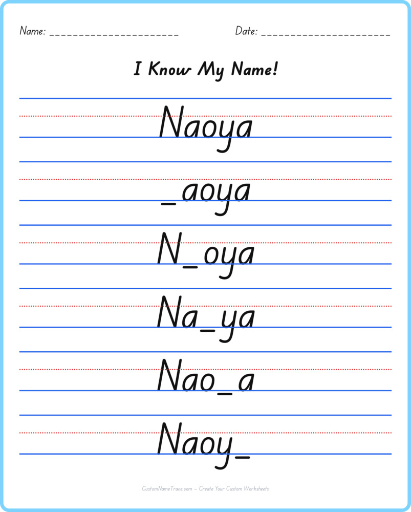 Free Naoya custom name tracing - fill-in-the-blank free worksheet