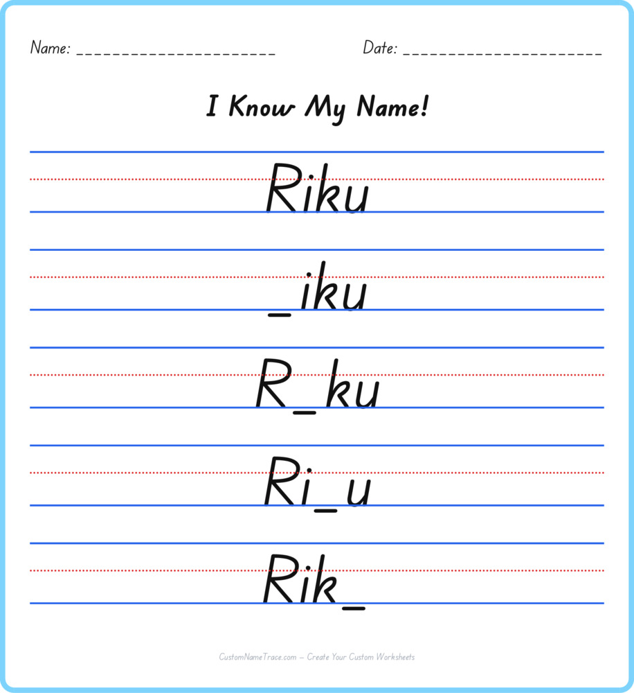 Free Riku custom name tracing - fill-in-the-blank free worksheet