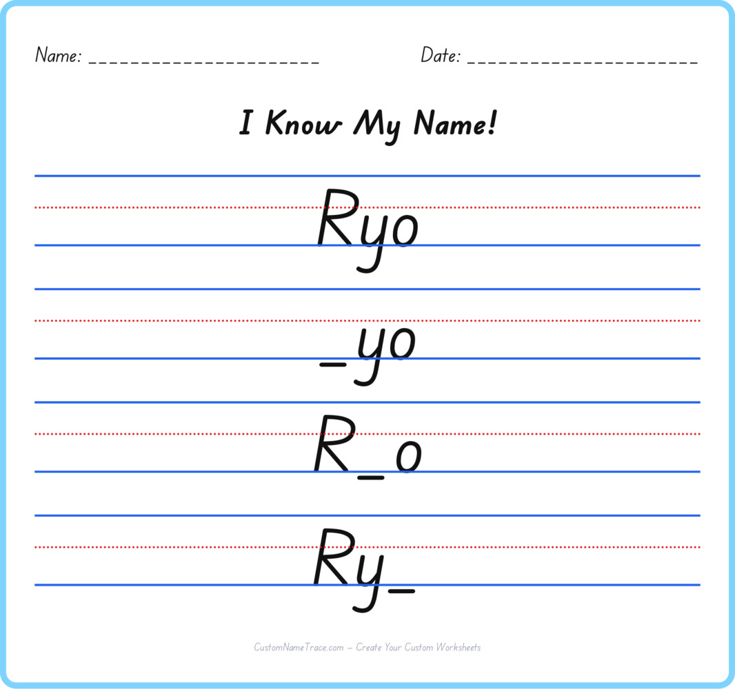 Free Ryo custom name tracing - fill-in-the-blank free worksheet