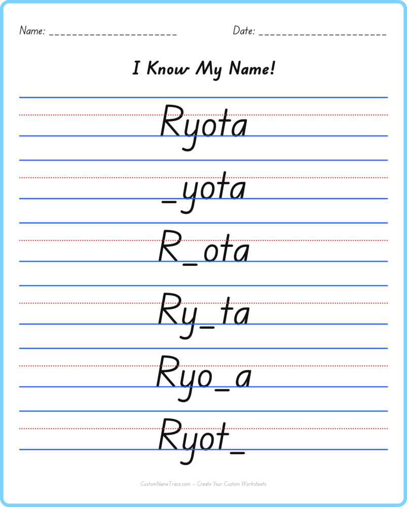Free Ryota custom name tracing - fill-in-the-blank free worksheet