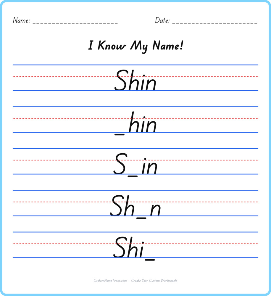 Free Shin custom name tracing - fill-in-the-blank free worksheet
