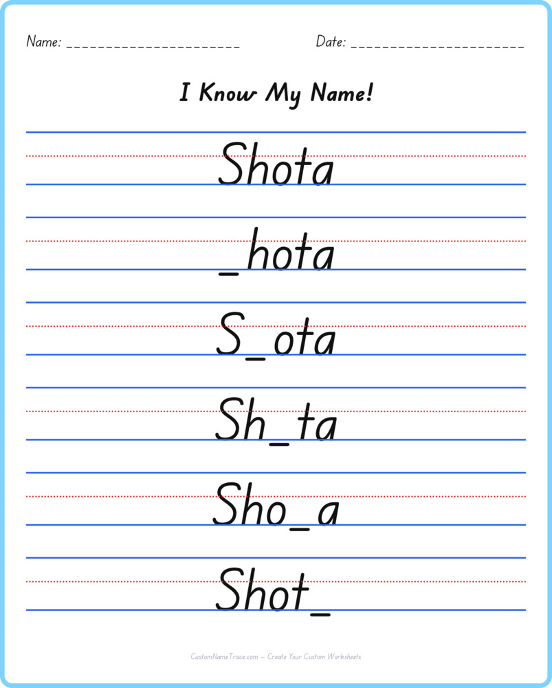 Free Shota custom name tracing - fill-in-the-blank free worksheet