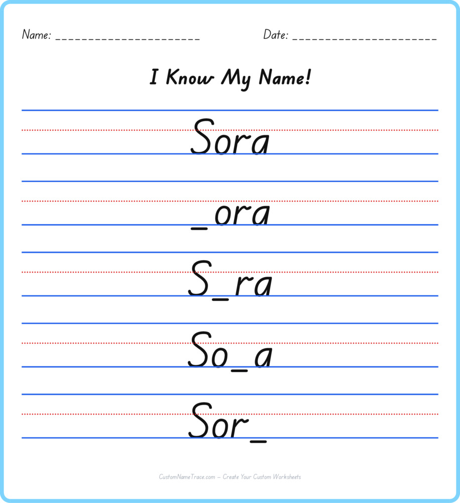 Free Sora custom name tracing - fill-in-the-blank free worksheet