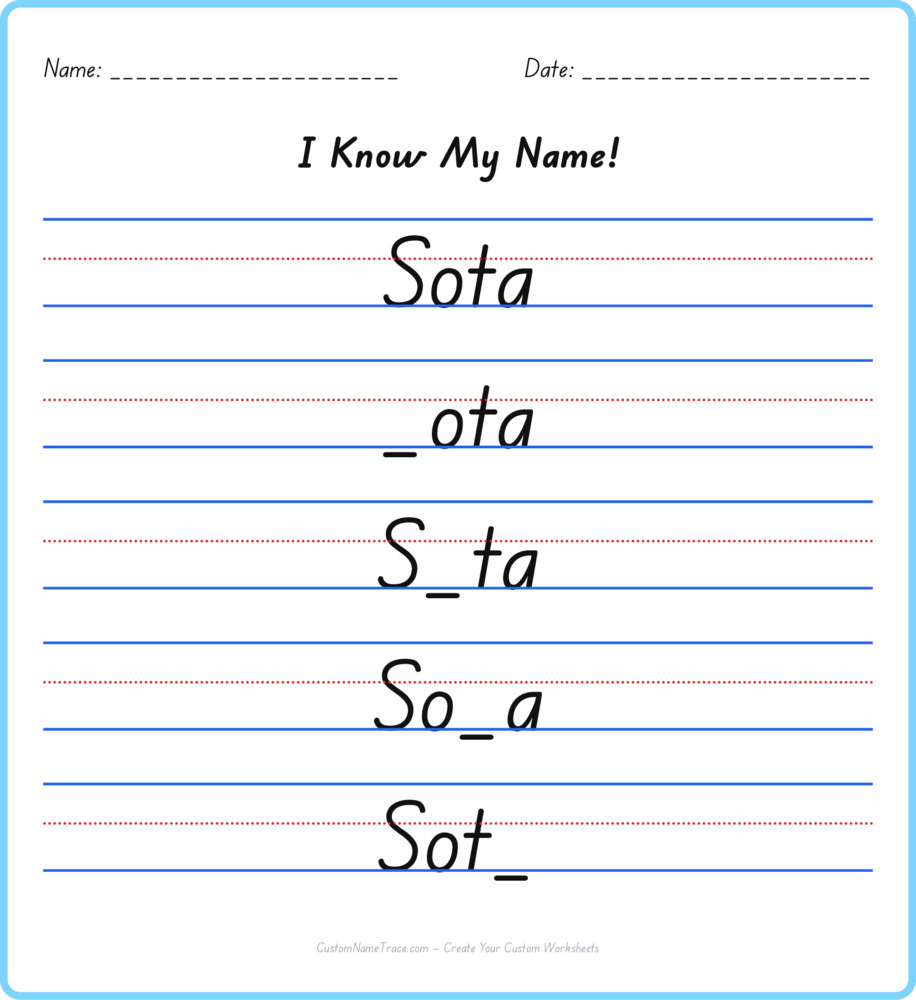 Free Sota custom name tracing - fill-in-the-blank free worksheet