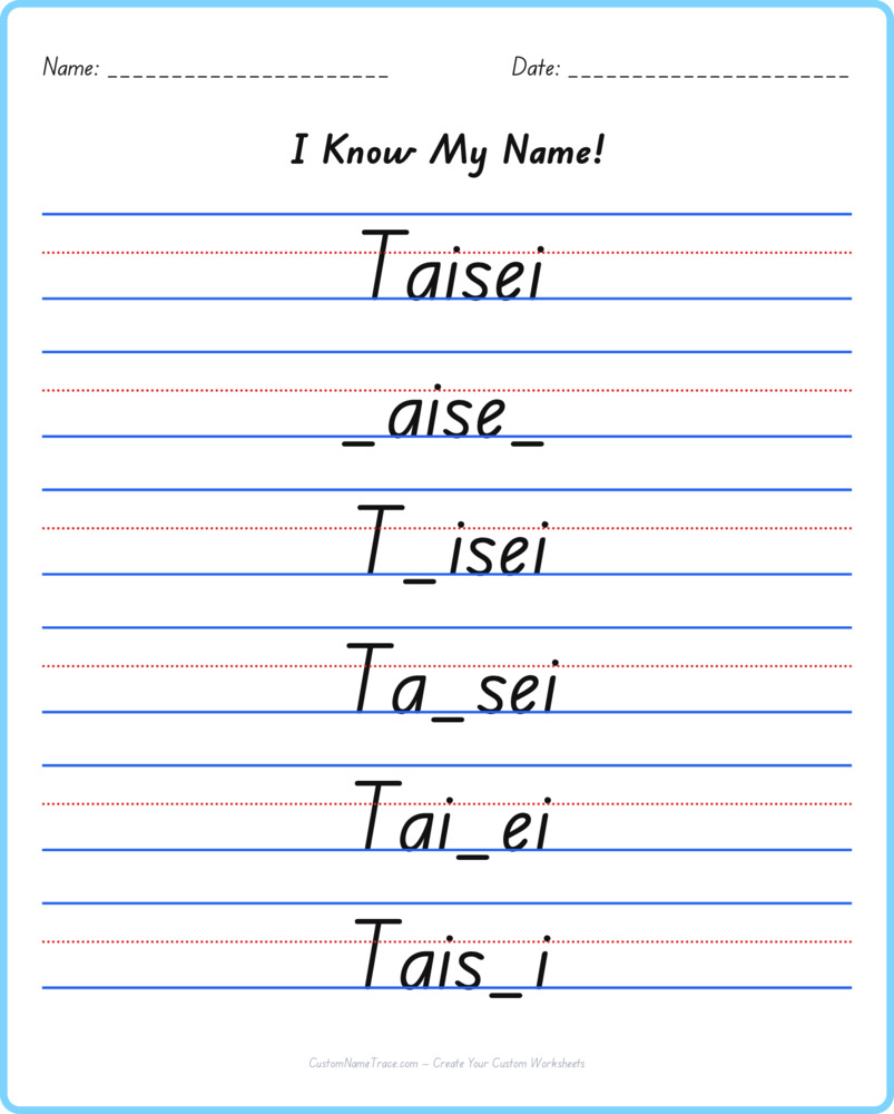 Free Taisei custom name tracing - fill-in-the-blank free worksheet