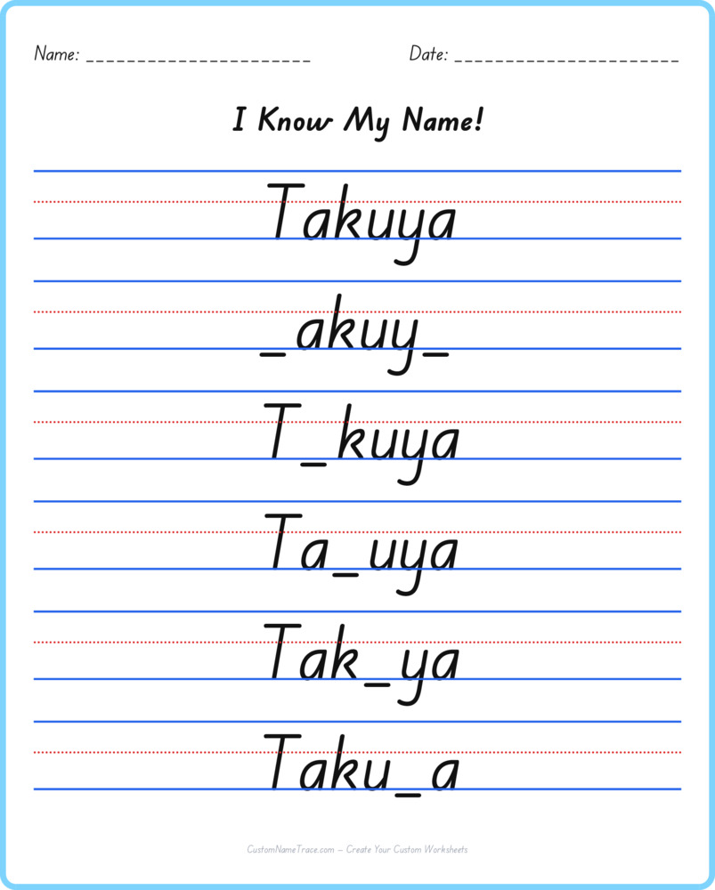 Free Takuya custom name tracing - fill-in-the-blank free worksheet