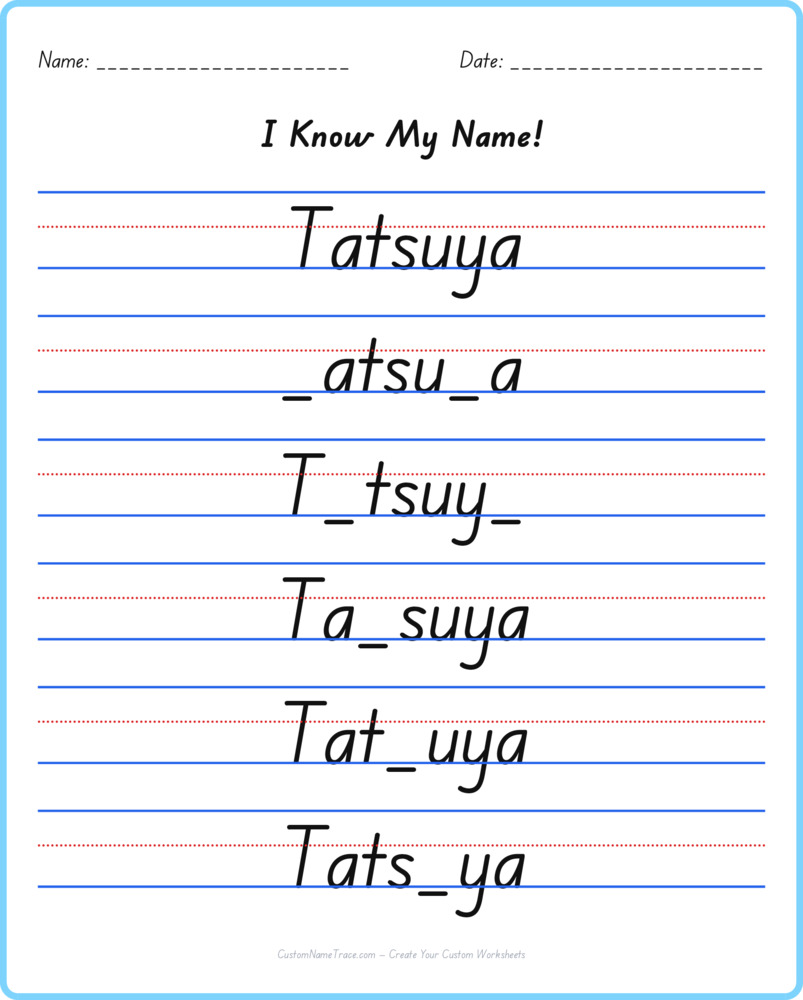 Free Tatsuya custom name tracing - fill-in-the-blank free worksheet
