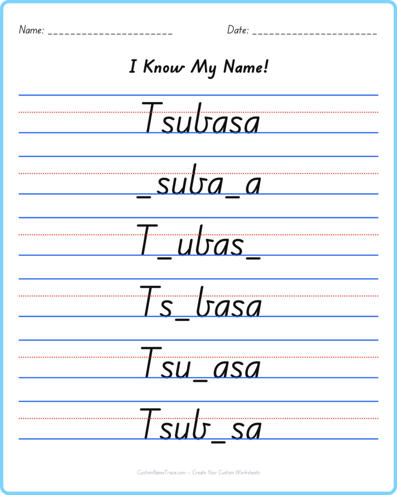 Free Tsubasa custom name tracing - fill-in-the-blank free worksheet