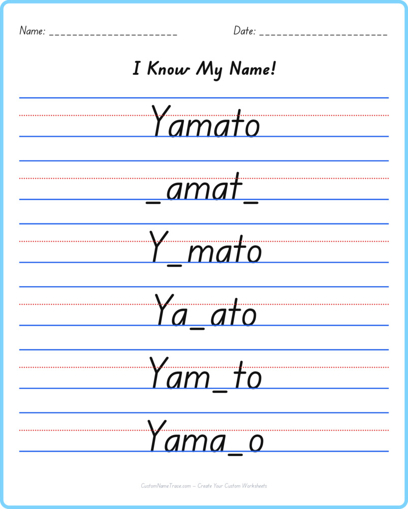 Free Yamato custom name tracing - fill-in-the-blank free worksheet