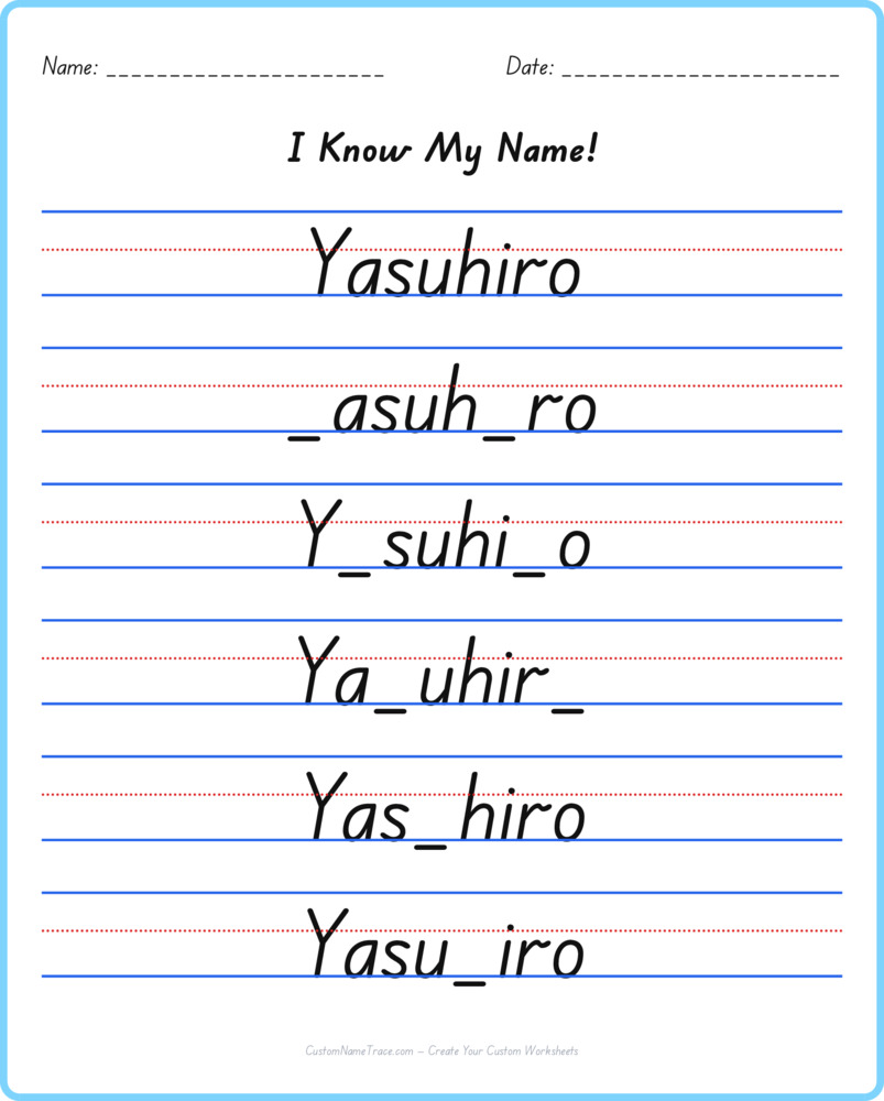 Free Yasuhiro custom name tracing - fill-in-the-blank free worksheet