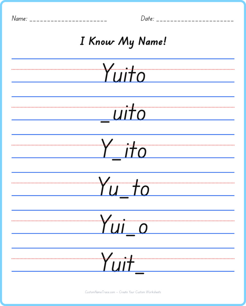 Free Yuito custom name tracing - fill-in-the-blank free worksheet