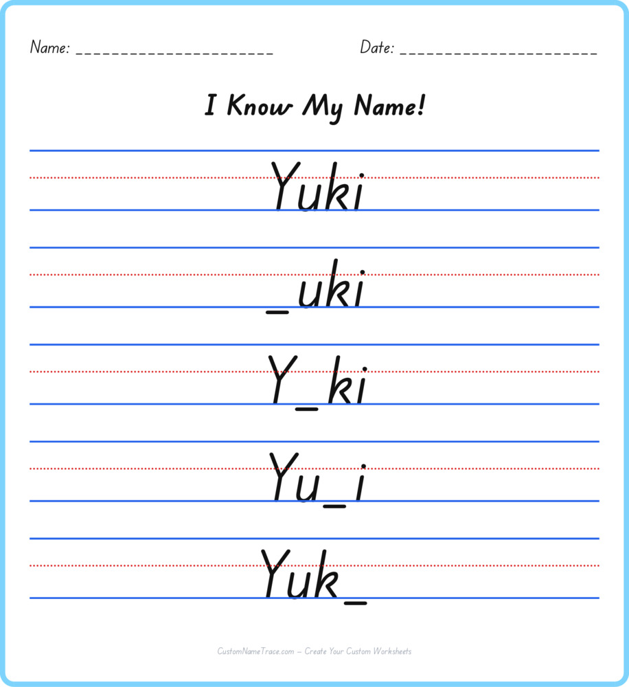 Free Yuki custom name tracing - fill-in-the-blank free worksheet