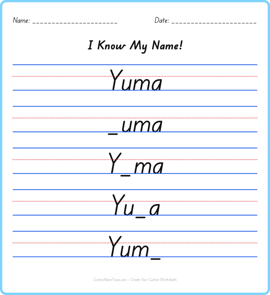 Free Yuma custom name tracing - fill-in-the-blank free worksheet
