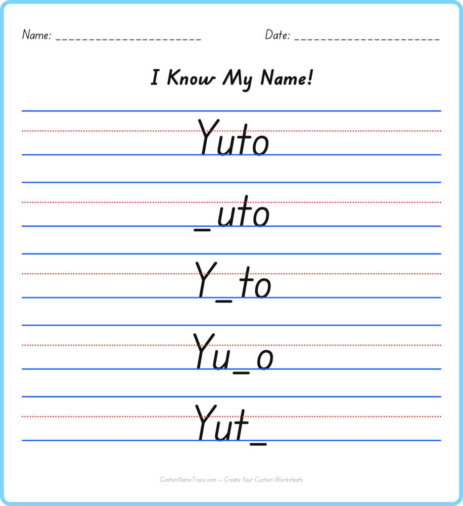 Free Yuto custom name tracing - fill-in-the-blank free worksheet