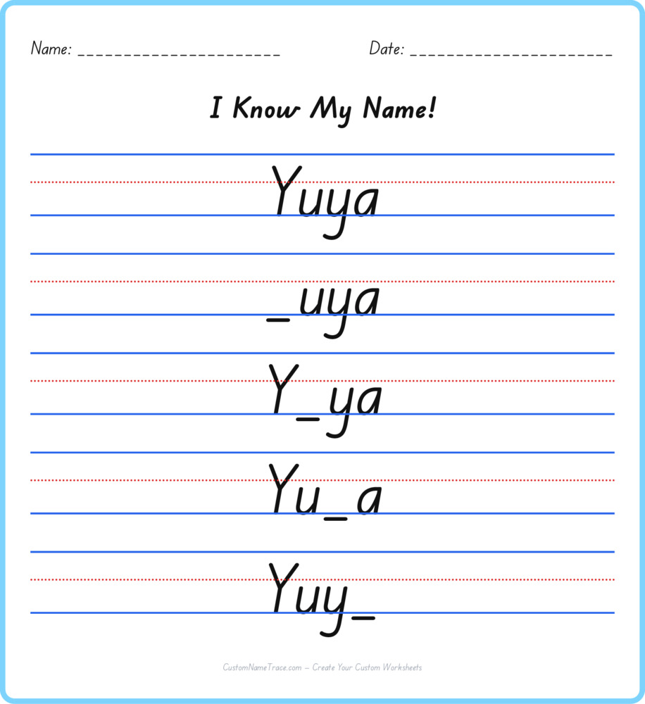 Free Yuya custom name tracing - fill-in-the-blank free worksheet