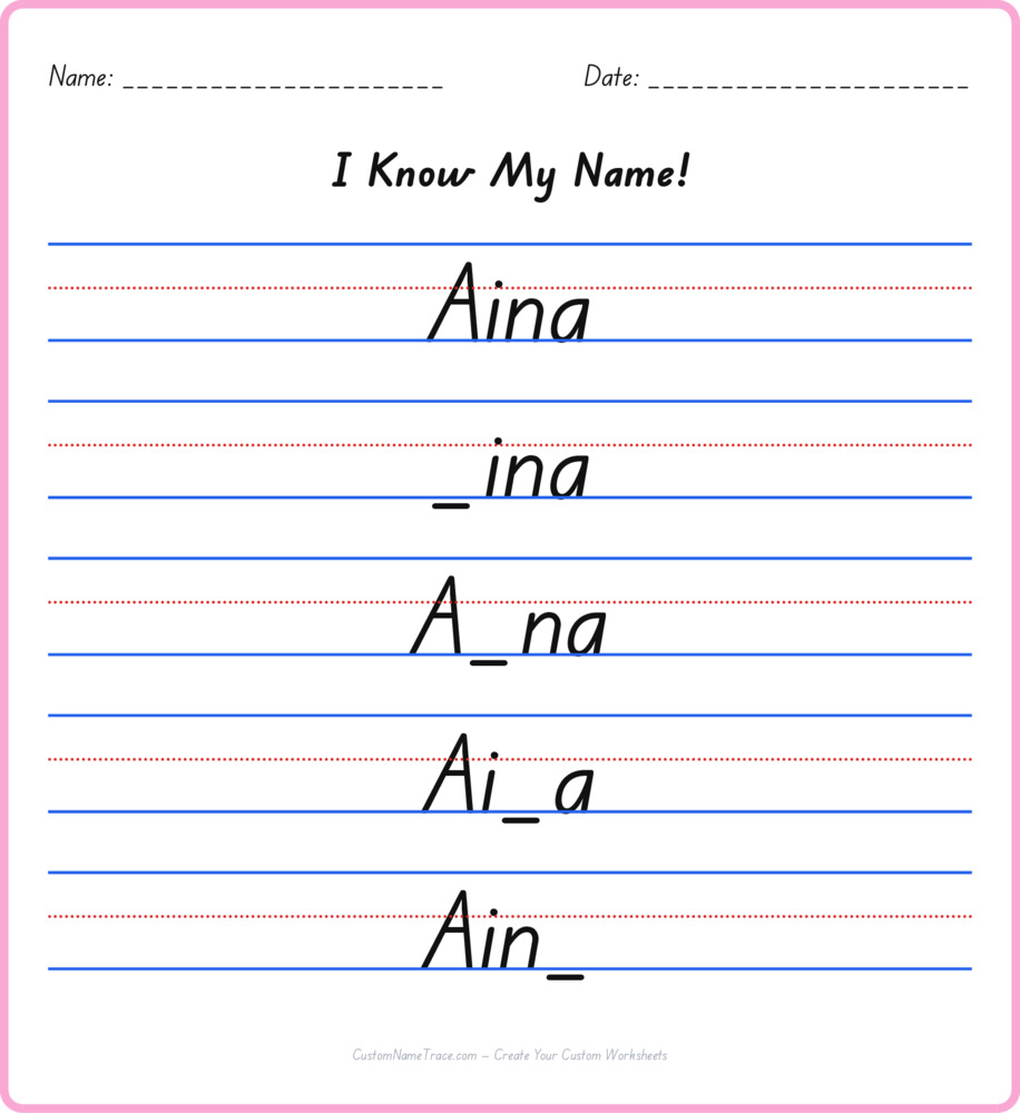 Free Aina custom name tracing - fill-in-the-blank free worksheet