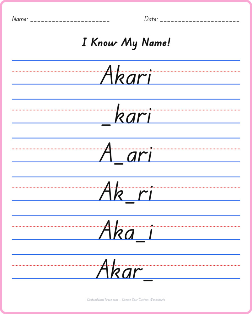 Free Akari custom name tracing - fill-in-the-blank free worksheet