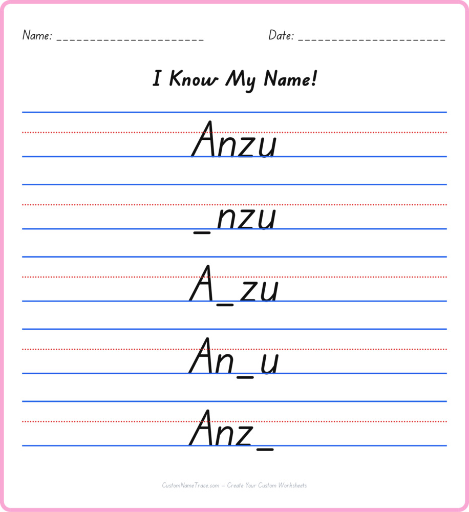 Free Anzu custom name tracing - fill-in-the-blank free worksheet