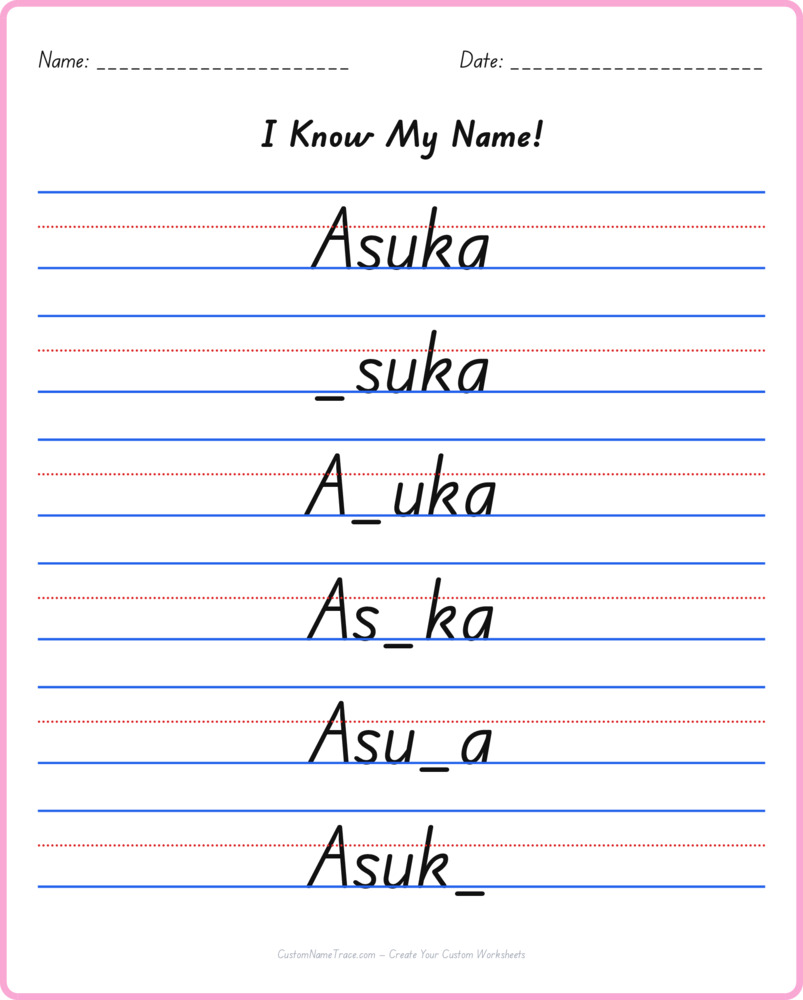Free Asuka custom name tracing - fill-in-the-blank free worksheet