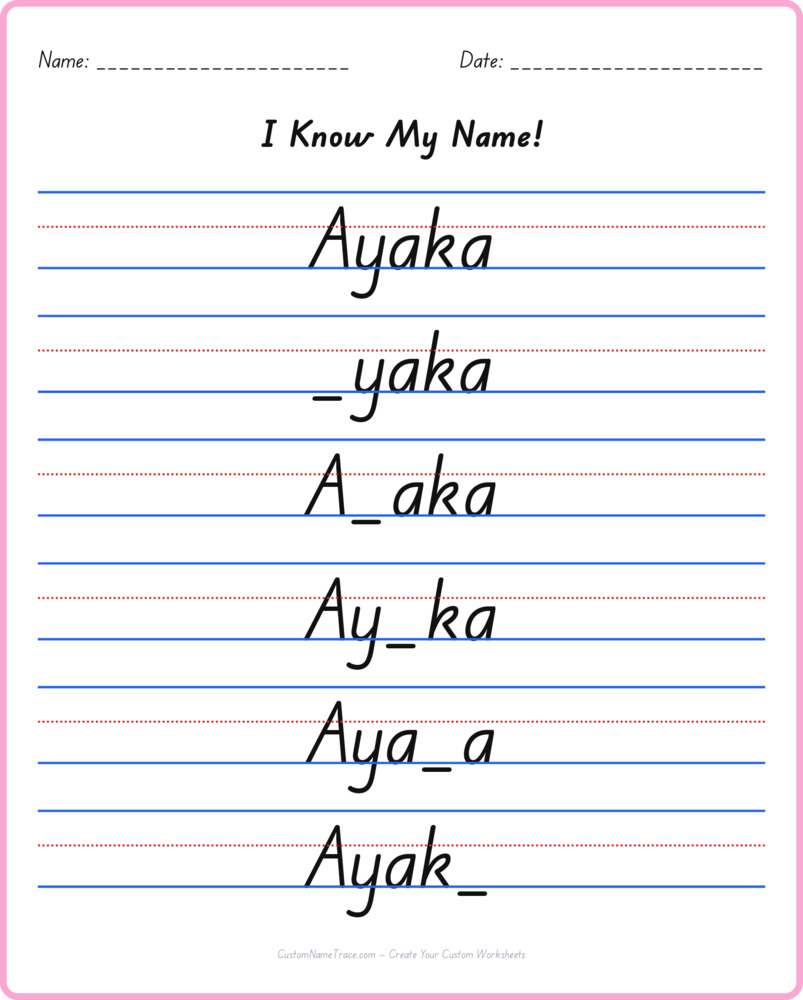 Free Ayaka custom name tracing - fill-in-the-blank free worksheet