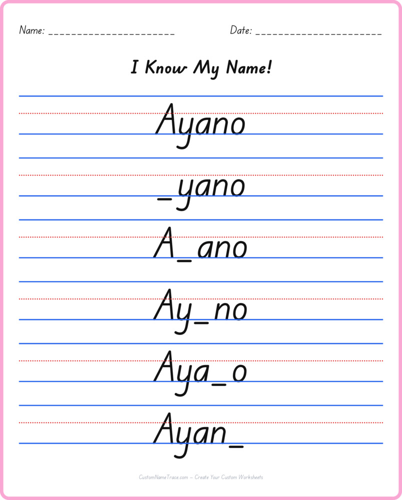 Free Ayano custom name tracing - fill-in-the-blank free worksheet