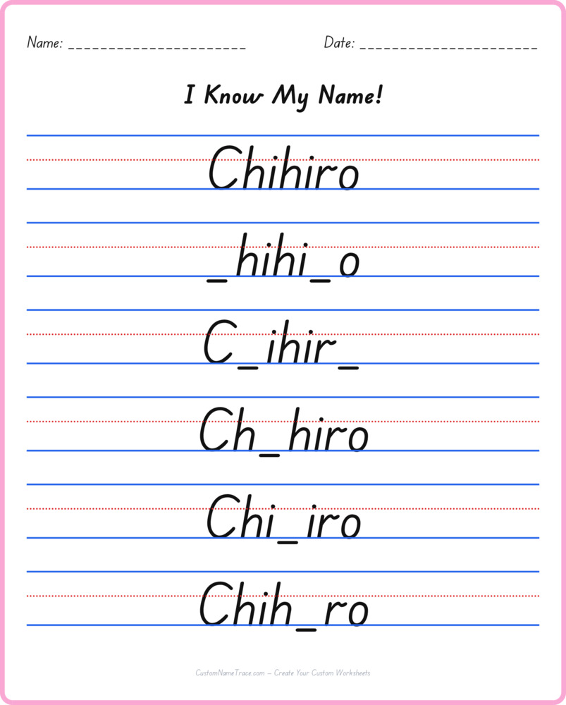 Free Chihiro custom name tracing - fill-in-the-blank free worksheet