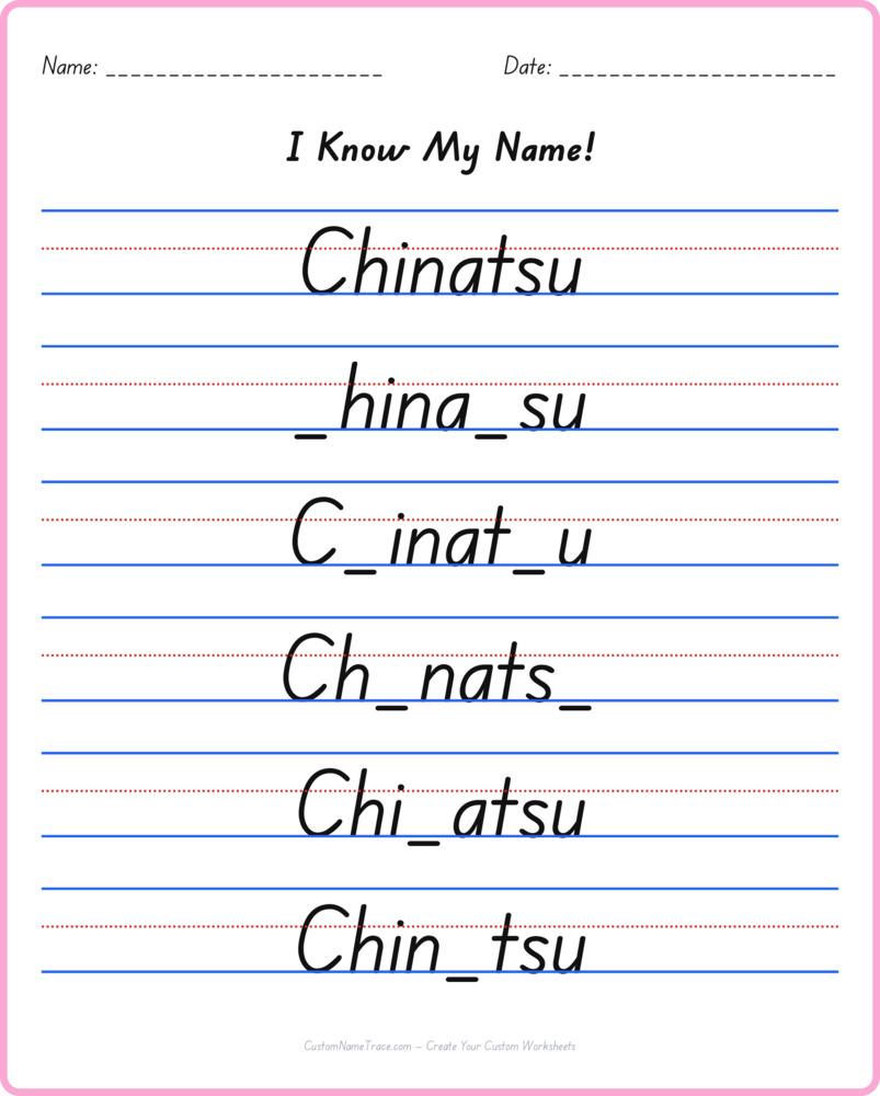 Free Chinatsu custom name tracing - fill-in-the-blank free worksheet