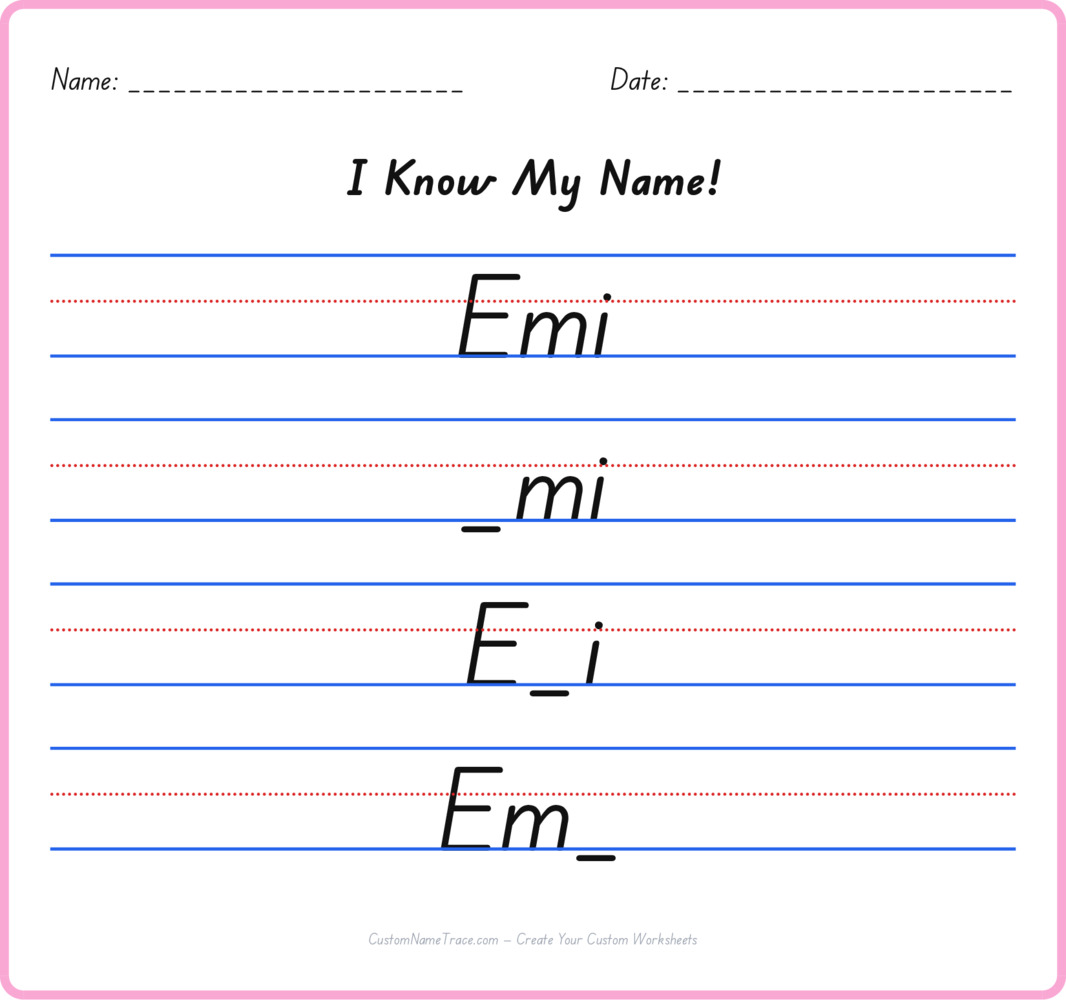 Free Emi custom name tracing - fill-in-the-blank free worksheet