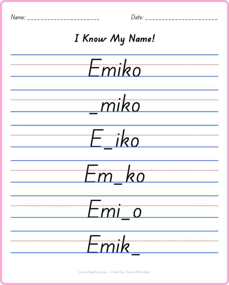 Free Emiko custom name tracing - fill-in-the-blank free worksheet