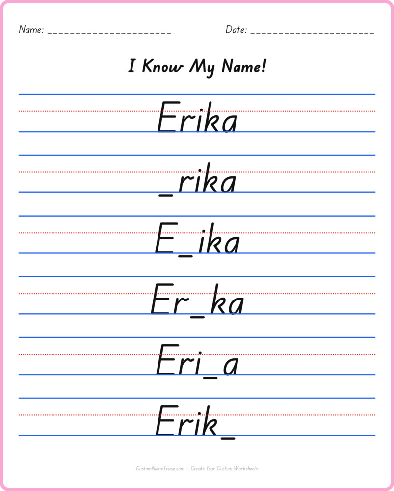 Free Erika custom name tracing - fill-in-the-blank free worksheet