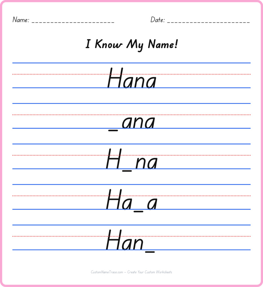 Free Hana custom name tracing - fill-in-the-blank free worksheet