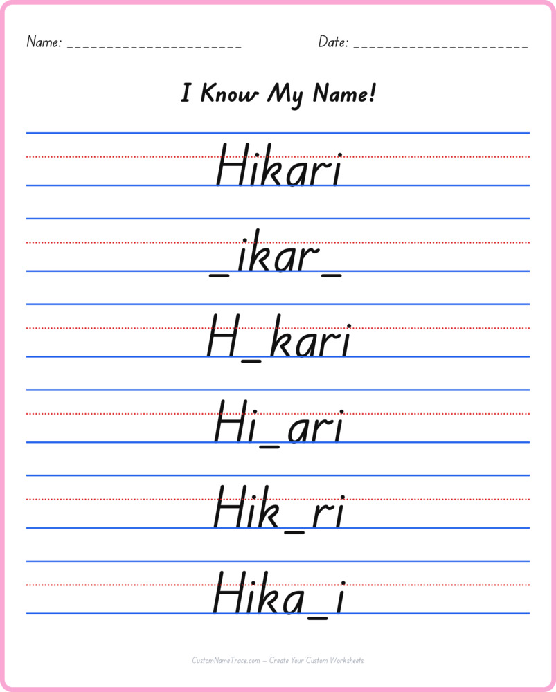 Free Hikari custom name tracing - fill-in-the-blank free worksheet