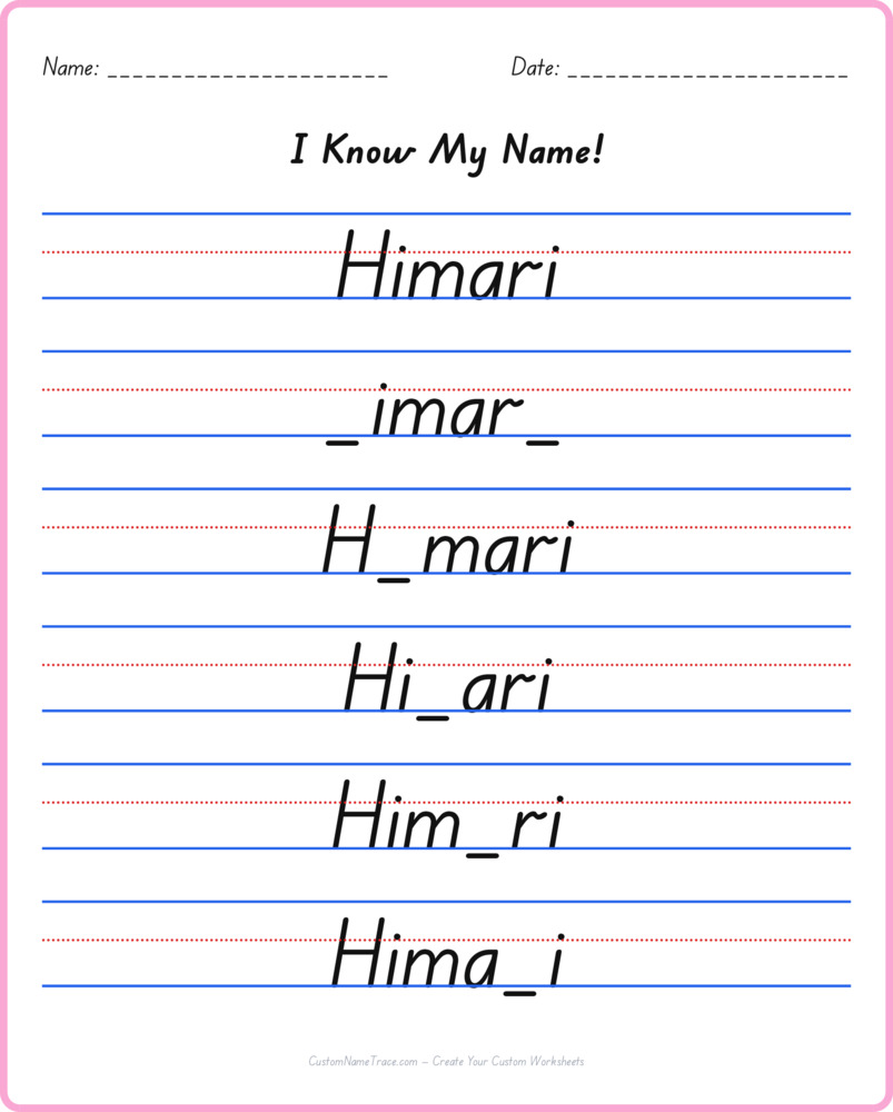 Free Himari custom name tracing - fill-in-the-blank free worksheet