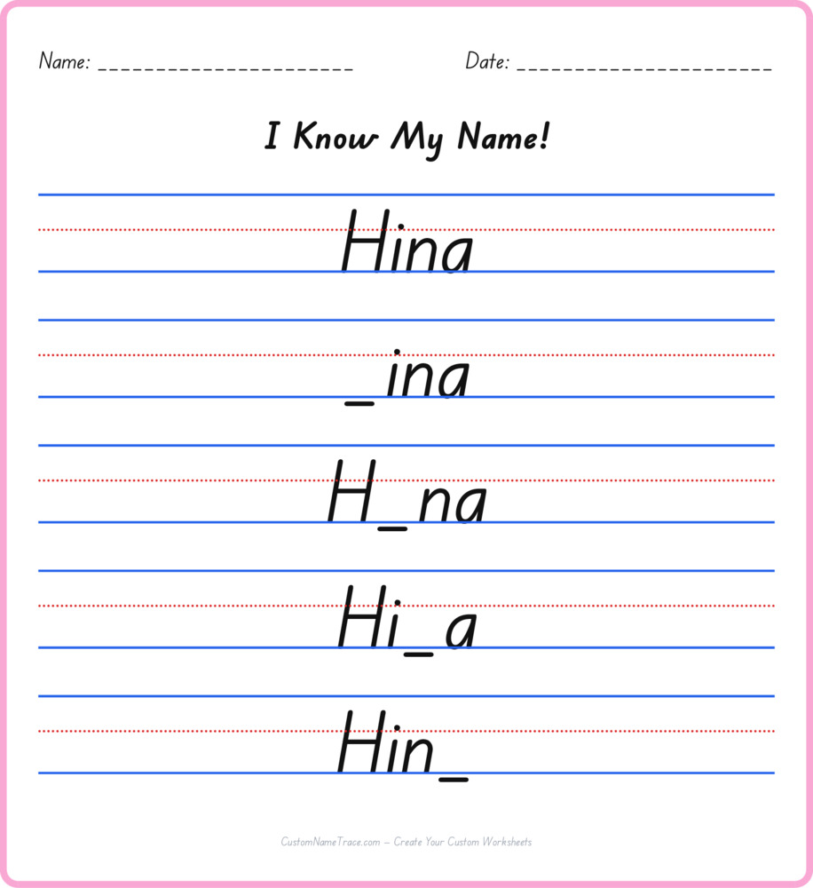Free Hina custom name tracing - fill-in-the-blank free worksheet