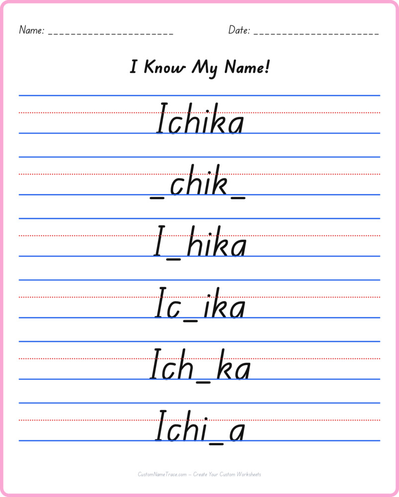 Free Ichika custom name tracing - fill-in-the-blank free worksheet