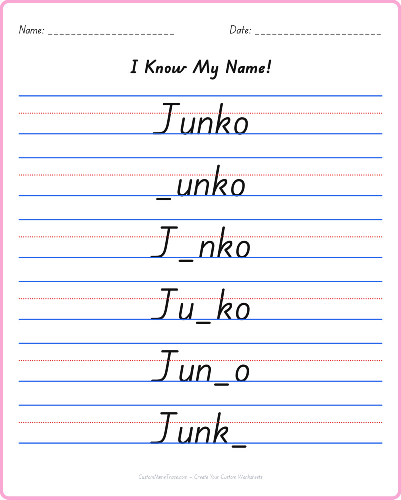 Free Junko custom name tracing - fill-in-the-blank free worksheet