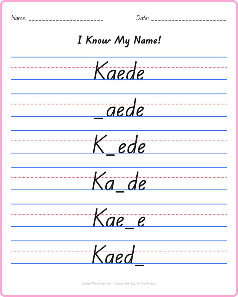 Free Kaede custom name tracing - fill-in-the-blank free worksheet